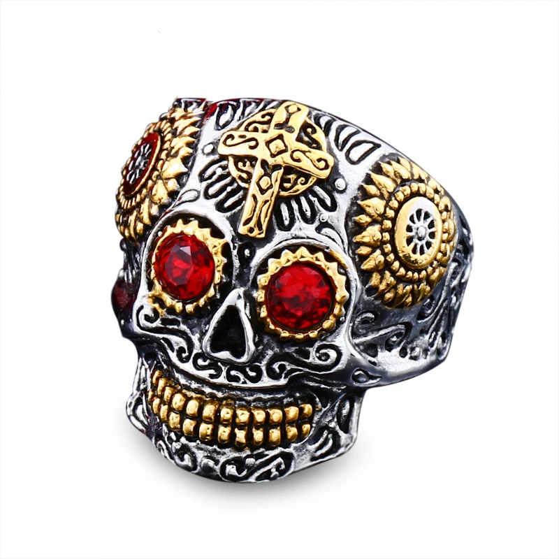 LINSION Men's Skull Ring - Blue & Green Eyes, 316L Stainless Steel, Sizes 8-14