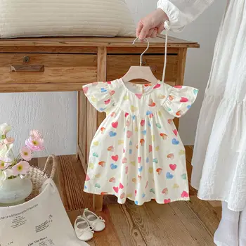 2025 Summer New Girls Dress Cute Sweet Baby Princess Skirts Colorful Heart Flutter Sleeve Knee-Length Children's Clothes
