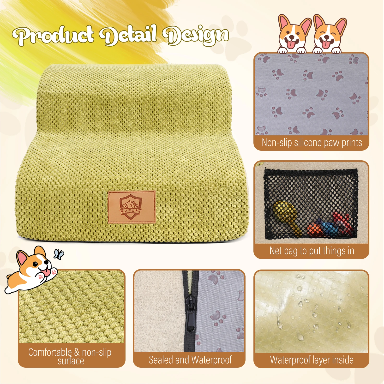 2 Tiers Mustard Yellow Pet Stairs High Density Foam Dog Ramp Steps For