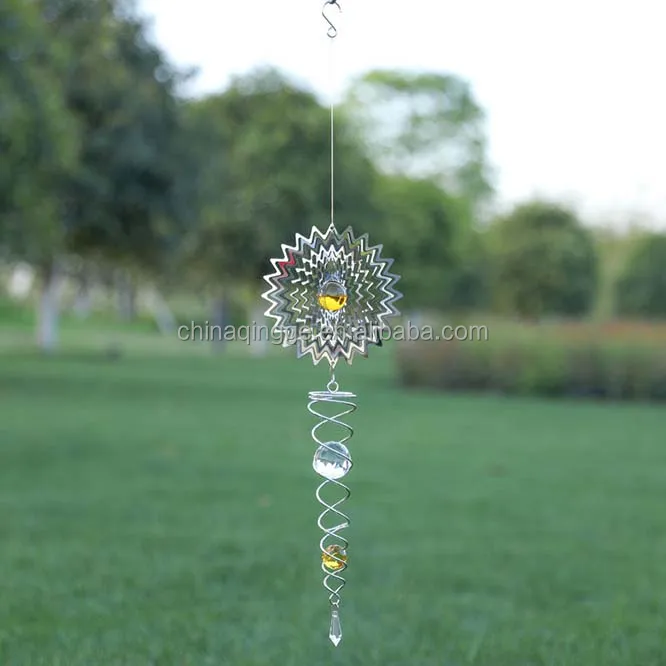 3d Metal Garden Wind Spinners With Crystal Ball Pendant Outdoor Hanging