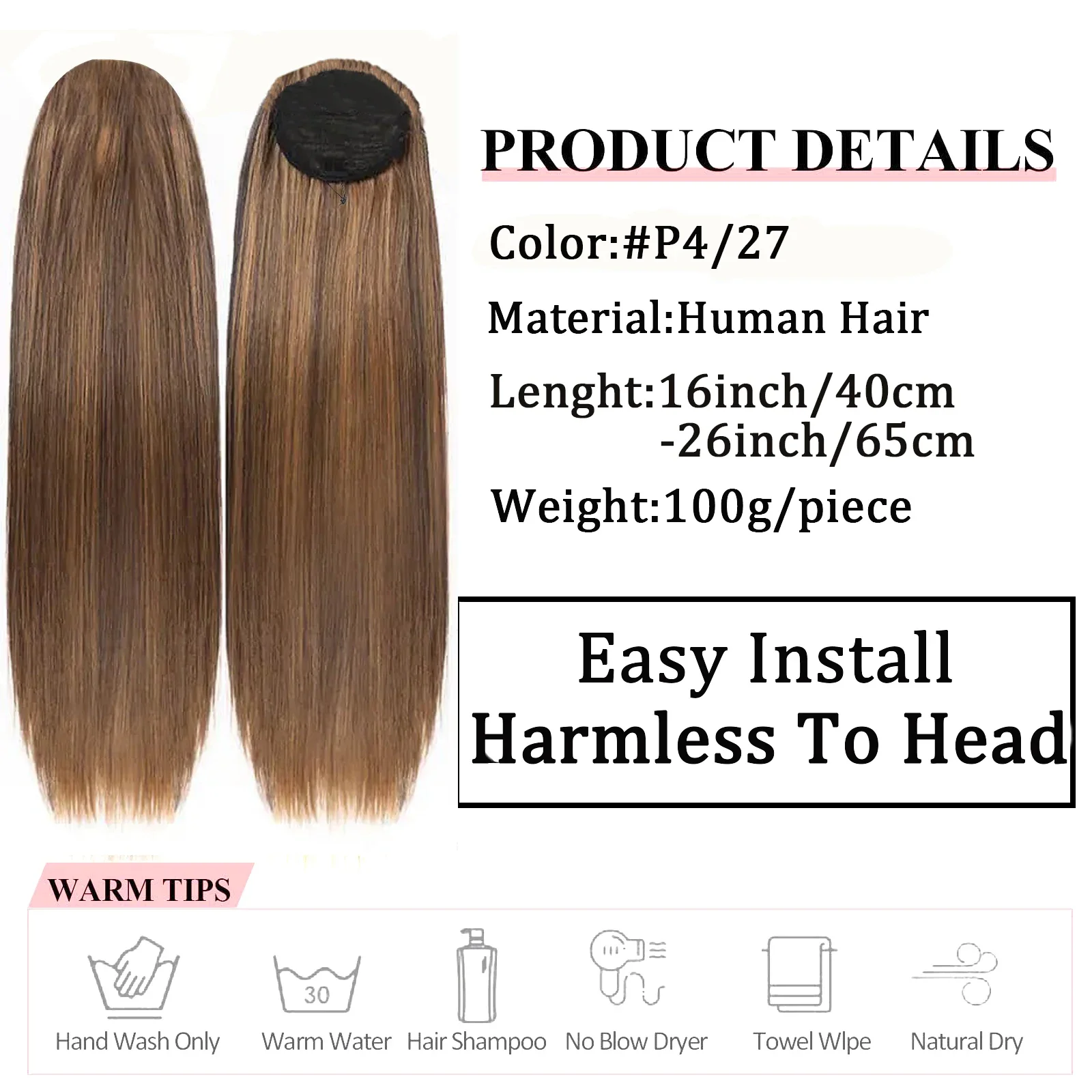 Gerader Pferdeschwanz zum Anklipsen, Pferdeschwanz mit Kordelzug, P4/27, brasilianisches Remy-Haar, 100 % Echthaar, Pferdeschwanzverlängerung für Frauen, 40,6–66 cm_voghion.com
