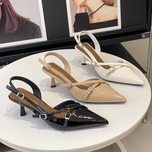 QuiteS 2026 Summer New Lace-up Patent Leather Sandals Versatile Pointed Toe Stiletto Heel Ankle Strap Sexy Shoes for Women