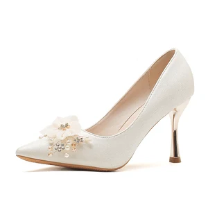 Elegant Ivory Satin Pointed-Toe Stiletto Heel Pumps Flower Pearl-Rhinestone Detail Metallic Heel Comfortable Summer Slip-On for