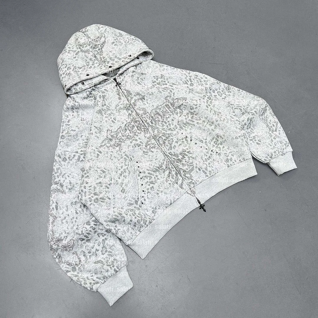 Salati Manufacturer Custom Huddies French Terry Diamond Leopard Printed Rivet Studded Faux Fur Zip up Rhinestone Hoodies for Men gallery 4