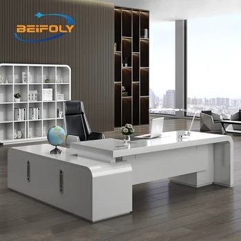 Modern Luxury Style Mdf Material L Shape Boss Ceo Executive Office Desk With Side Cabinet Executive Chair