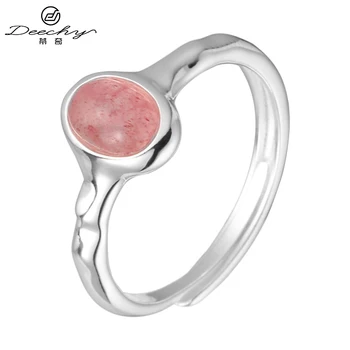 Deechy SR1051 925 Sterling Silver Gemstone Series Thin Circle Oval Shape Pink Oval Strawberry Crystal Ring