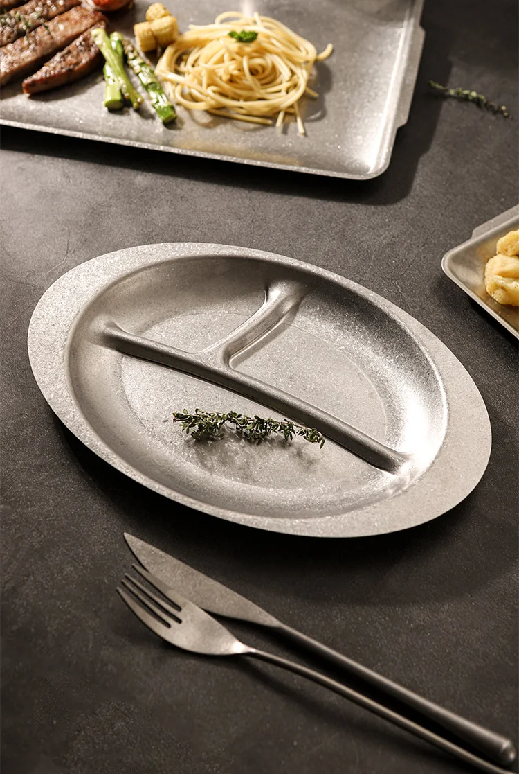 3 compartments stainless steel 304 Oval Retro style restaurant decoration camping food plates