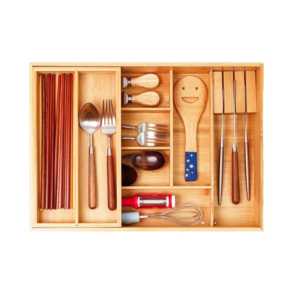 Double Layer Bamboo Kitchen Drawer Organizer Silverware Utensil Tray Knife Block Flatware Organizer Multi-Use Storage Box