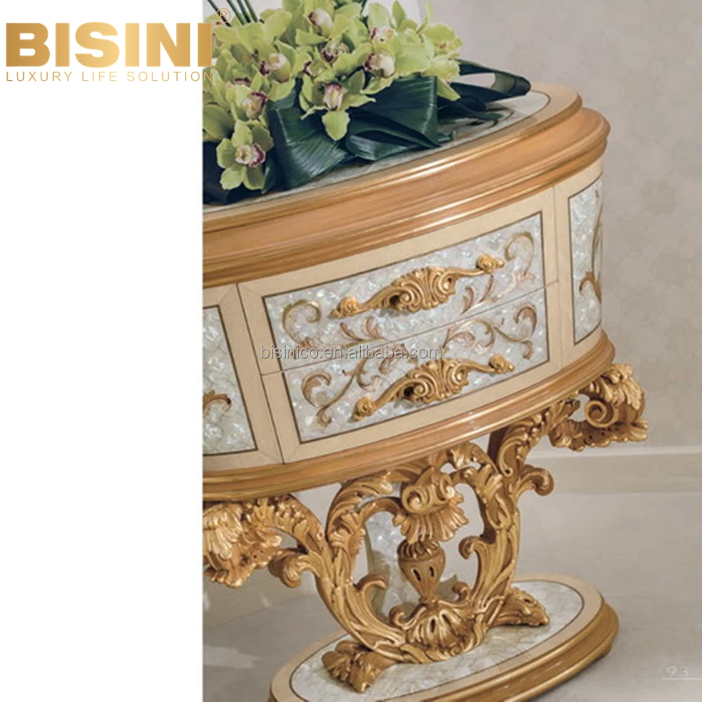 Luxury Italy Rococo Style Carved Wood Exquisite Handcrafted Shell Parquet Nightstand Villa Bedroom Furniture Night Table