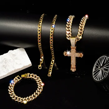 Cross Pendant Silver Gold Necklace Double Layer Chain One Bracelet Necklace Jewelry Set for Men