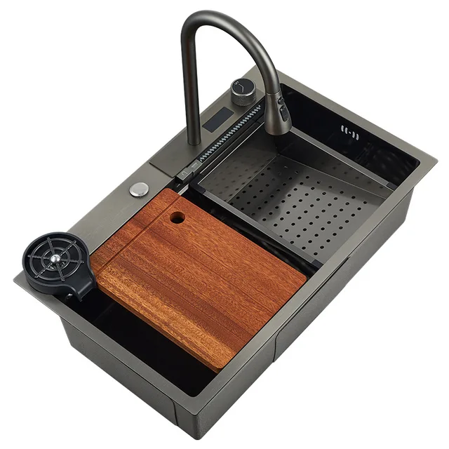 New Temperature Digital Display Stainless Steel  Kitchen Sink Nano Sinks With Waterfall Faucet