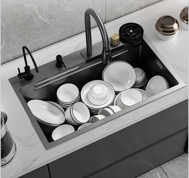 Nano Gunmetal Sink Kitchen Ss 304 Stainless Steel Multifunctional Rainfall Faucet Kitchen Sink