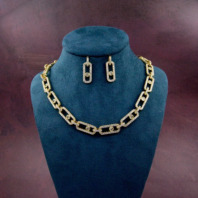 JYS0786 Zirconia Jewelry Set Hollow Oval Diamond Link Chain Necklace With Earring Jewelry Set