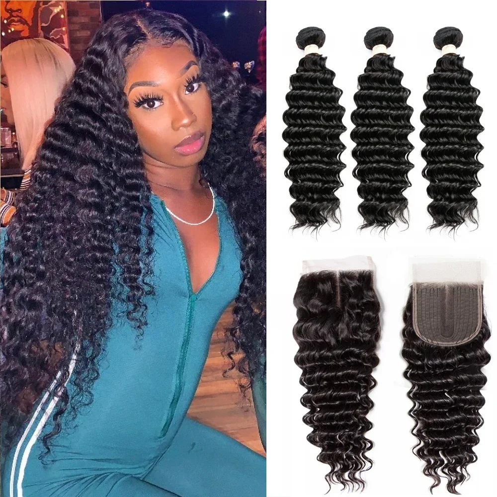 Tiefe Welle Bundles Brasilianische Menschliche Haar Weave Lace Closure_voghion.com