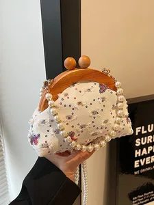 Colorful Canvas Small Shell Shoulder Bags Wooden Hasp Pearl Beading Compact Crossbody Bags for Women 2026 Casual Cute