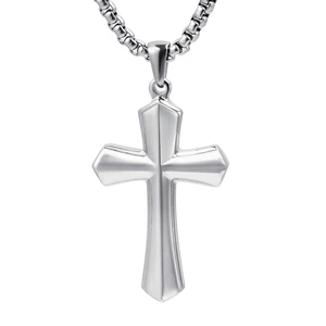 Men's Stainless Steel Cross Pendant Necklace - Jesus Christ Religious Necklace with Square Rolo Chain