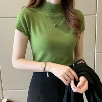 Women's Korean-Style Half-Turtleneck Short-Sleeved Sweater Elegant Summer Base Shirt with Front Logo Slim-Fit Short Top T-Shirt
