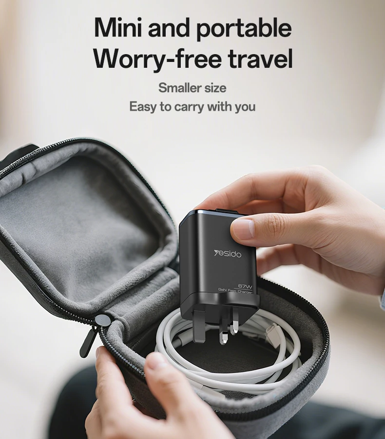 Yesido GaN 67W Fast Charging Three Ports Built-in 65CM Retractable Cable UK Plug Travel Charger YC146