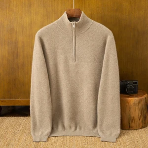 Customizable XXL Men's Business Sweater Pure Breathable Semi-Zipper Knitted 3D Pattern Logo on Front for Winter  Cashmere