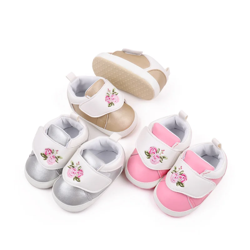 Spring and Autumn Anti-Slippery Court Sneakers for Baby Girls Hook&Loop Embroidered Flower Design Soft Bottom Shoes