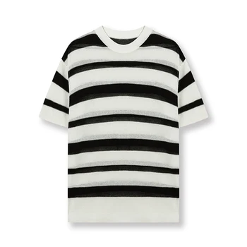custom summer fashion couple t-shirt vintage  stripes contrast color round neck short-sleeves T-shirt