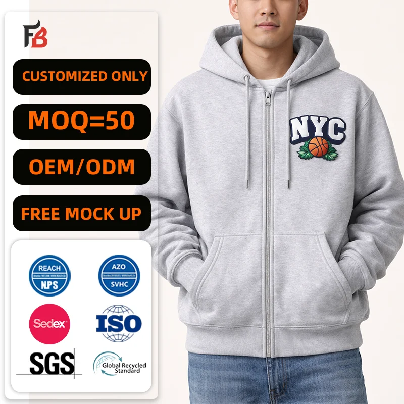 Hoodie Manufacturers Custom 100% Cotton Oversized Puff Print Zip up Hoodie 500 Gsm