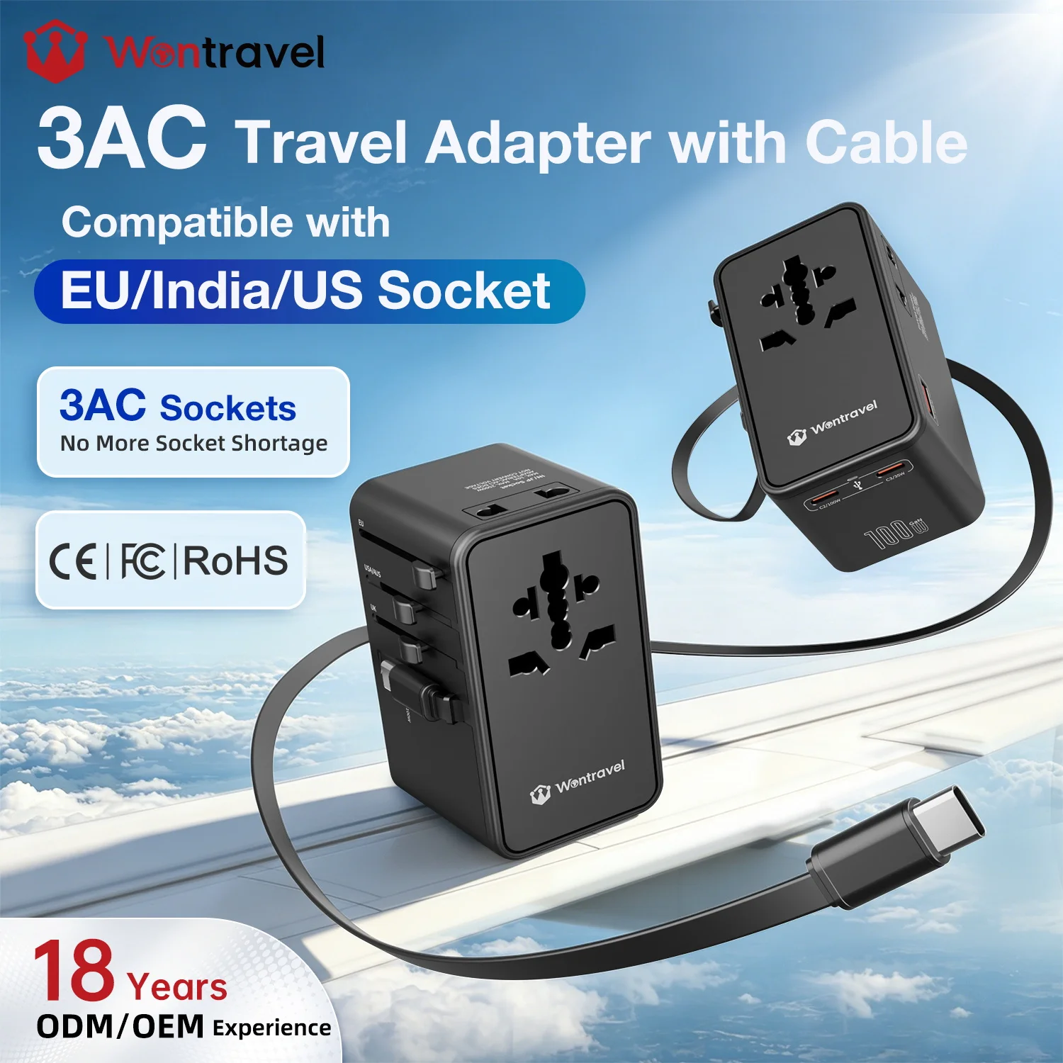 Adattatore da viaggio universale Wontravel da 100 W con tecnologia GaN, dotato di spine internazionali e caricabatterie rapido, incluso cavo