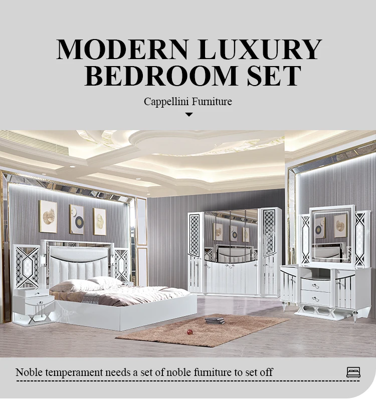 Super King Size Royal Luxury Bedroom Furniture Set High End Royal Led Lighted Mirrored Headboard