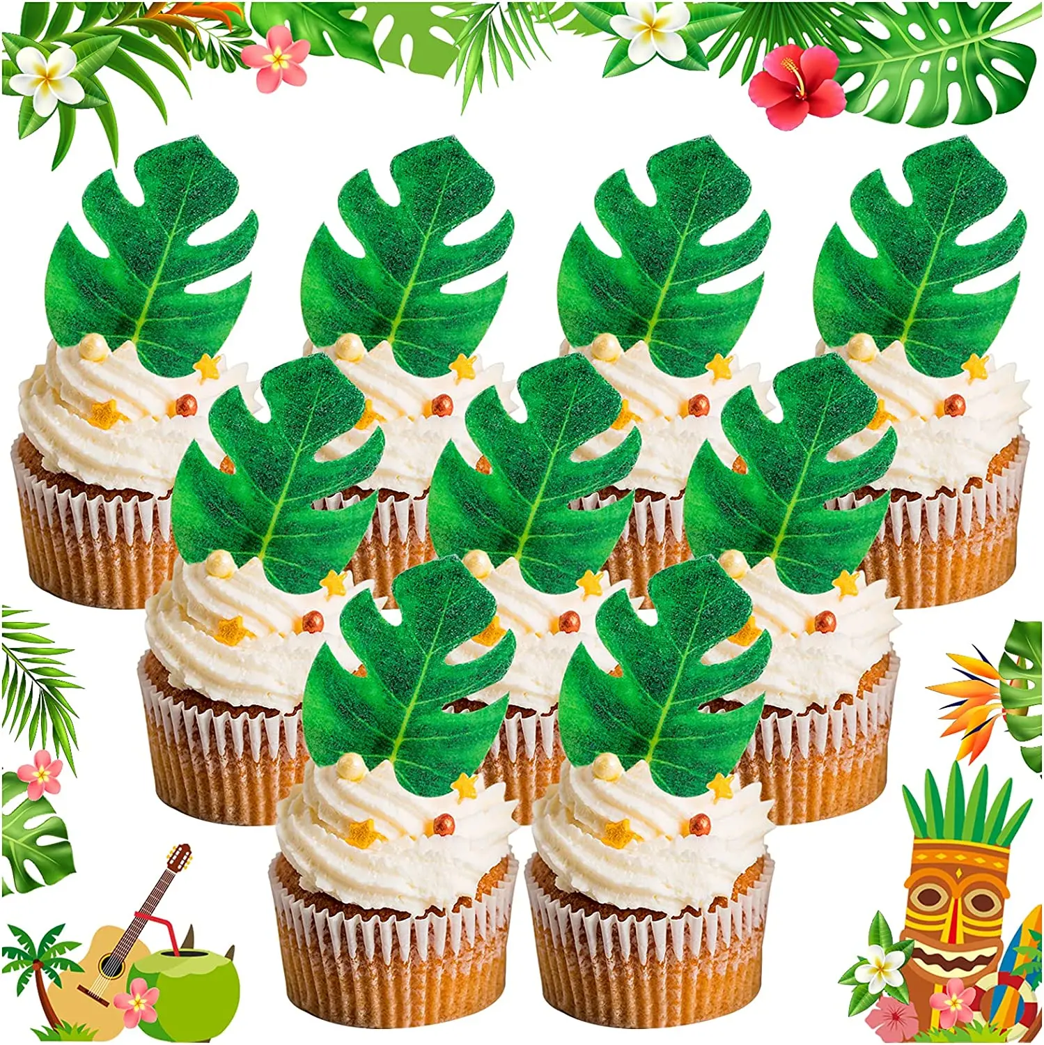 48 Feuilles De Tortue Comestibles Colexy - Décorations Cupcakes Tropicales Palmier Pour Gâteaux Anniversaire, Mariage Hawaiian Jungle