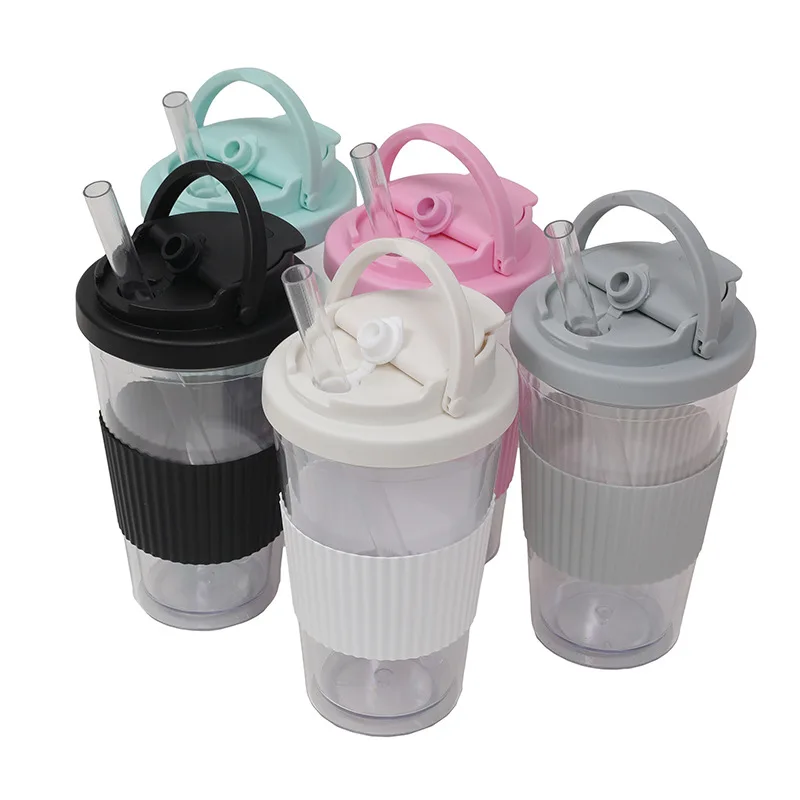 BORGE Customized 16OZ/480ml Double Layer Plastic Reusable Bubble Tea Cup Tumbler With Straw
