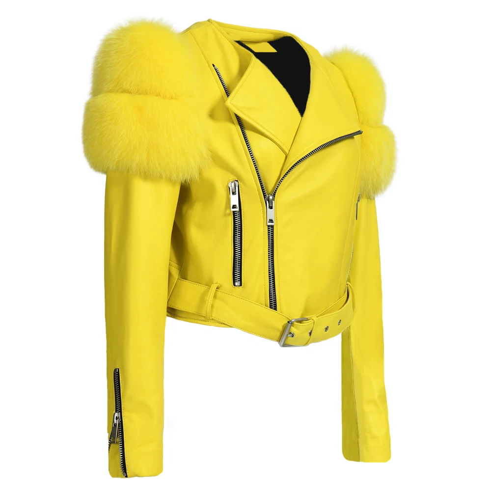 Custom Genuine Sheep Leather Jacket With Real Fox Fur Wholesale Ladies Cropped Real Sheepskin 