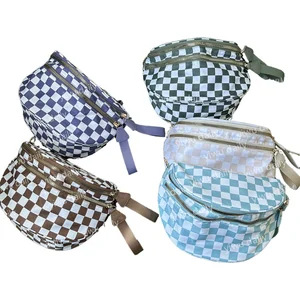 Wholesale Women's Fashionable Checkered Nylon Bum Bag Double Zipper Crescent Crossbody Waist Purse for Summer & Spring Travel