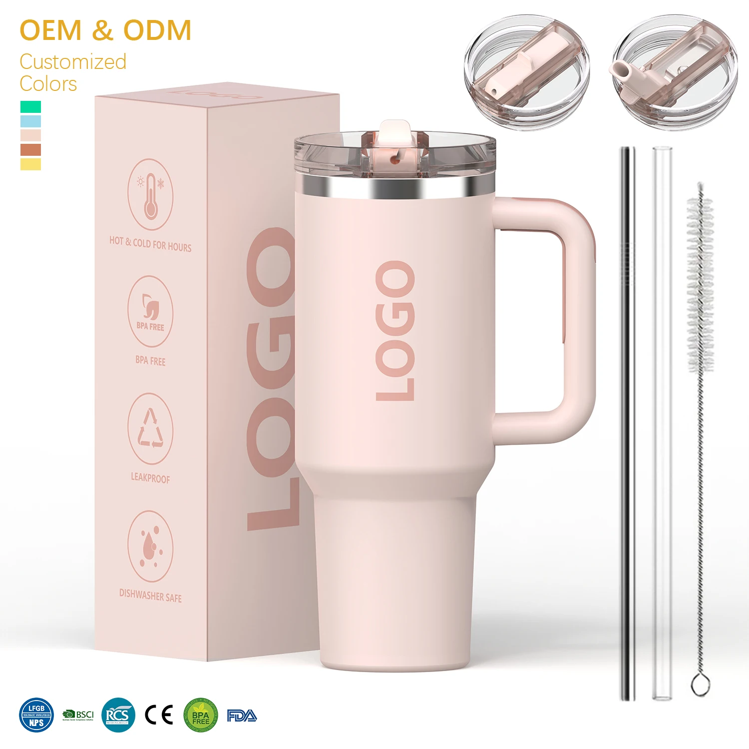 Customized 20oz 30oz 40oz BPA-Free Flip Straw Insulated Stainless Steel Cup Tumbler with Leakproof Lid Straw & Handle for Travel