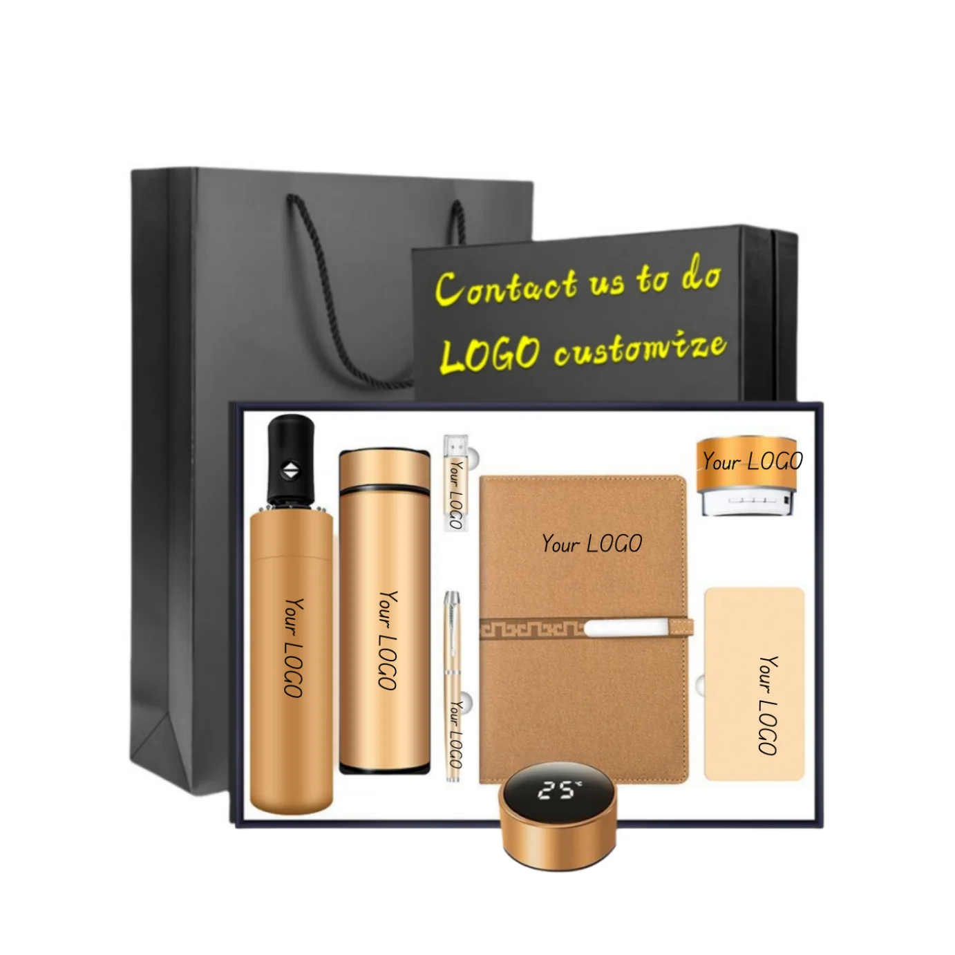 New Arrival 7 in 1 Promotional Business Flask Power Bank Umbrella Gift Set Custom Logo Luxury Set Employee Advertising Christmas