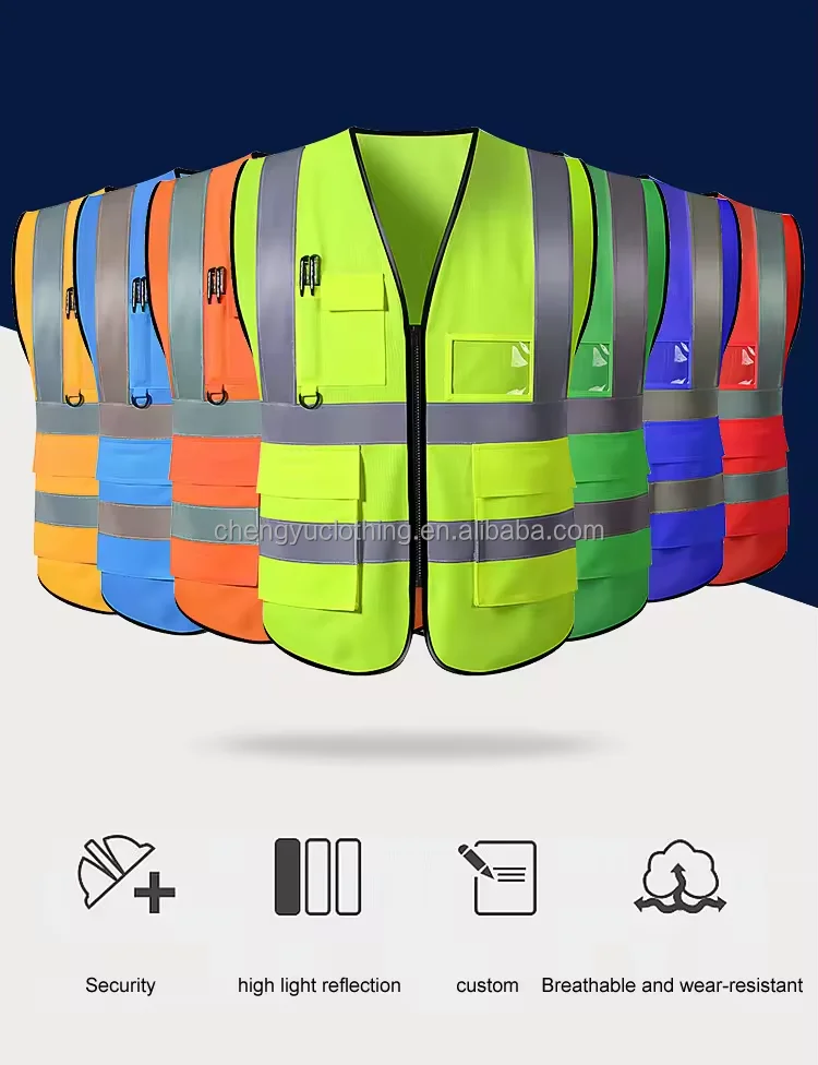Hi Vis Custom Breathable Multi-pocket Safty Jackets Safety Vest with Reflective Strip for Constructi