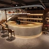 Light cement gray + natural wood color, long outer arc