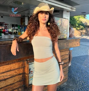 Custom Logo Knitted Lounge Wear Women Cotton Spandex Strapless Rib Cropped Tube Top and Fold Over Shorts 2 Pieces Yoga Sets