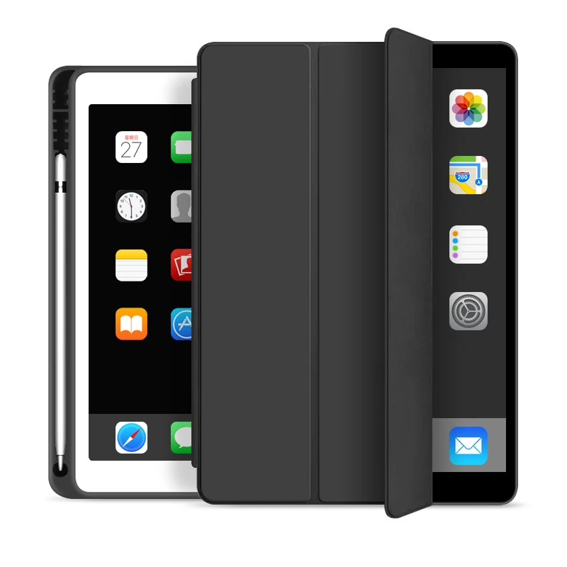 
For New iPad 10.2 inch 7th 8th Gen 2020 Case With Pencil Holder Tri-fold PU Leather Smart Cover Wake Up Sleep Function Pen Slot 