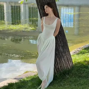 2026 Summer Elegant Vacation Style Long Dress Women's Sexy Irregular Vest Dress with Empire Waistline Casual Maxi Length Dresses