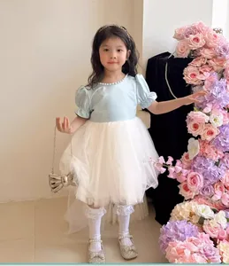 Pearl Puffy Solid Bow Ball Gown Evening Birthday Princess Children Dress Party Backless Girls Mesh