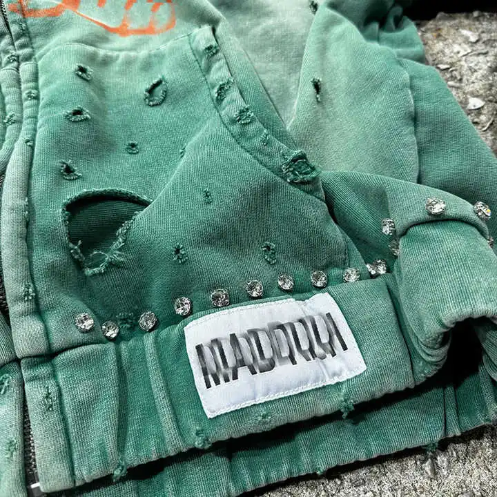 Manufacturer 500gsm Oversized Streetwear Hoodie Custom Acid Wash Print Rhinestone Heavyweight Cotton Zip Hoodie for Men gallery 4