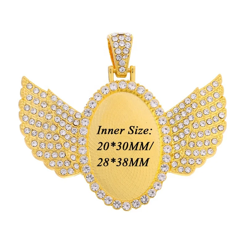 Hiphop Gold Picture Frame Charms Pendant Cabochon Tray with Crystal Angel Wings Oval Blank Bezel & Memory Diamond Made of Alloy