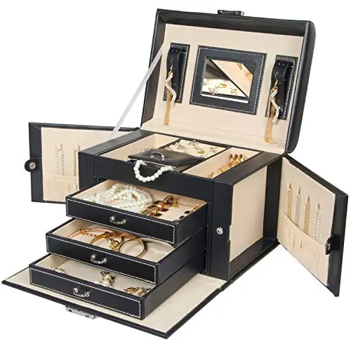 Large Jewellery Boxes Leather Storage Case Drawer Cabinet Necklace Organiser. 