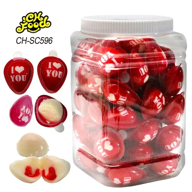 Valentine's Day Wholesale 10g Halal 3d Red Egg Shape Strawberry Jam Filled in Ball Gummy Candy Sweets Snack Food