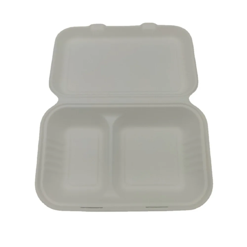 Fast Food Takeaway Container Bio-Degradable Restaurant Containers Bagasse Pulp Clamshell Lunch 2 compartments