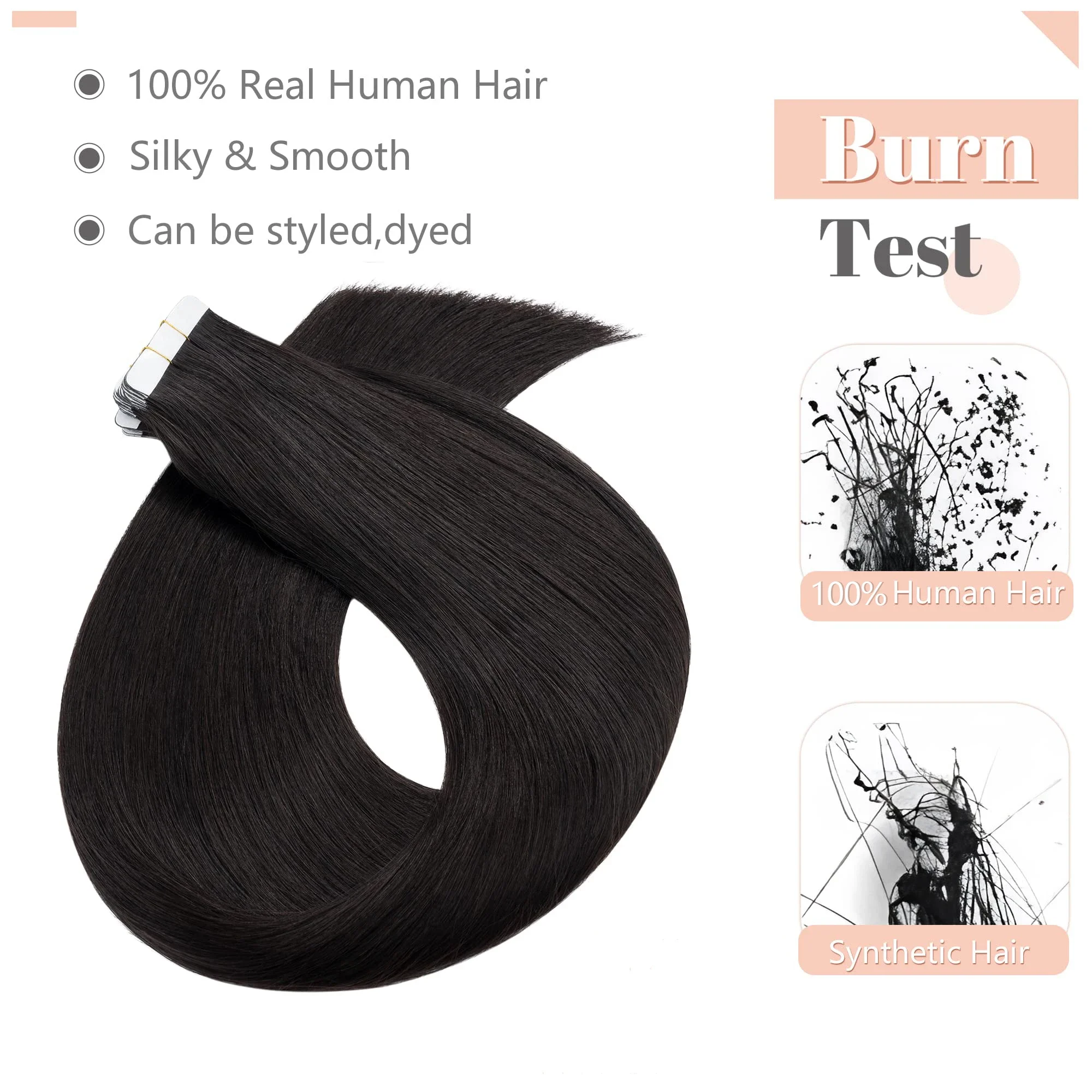 Fita reta em extensões de cabelo humano preto natural #1B Remy cabelo pele sem costura trama fita extensões mulheres_voghion.com