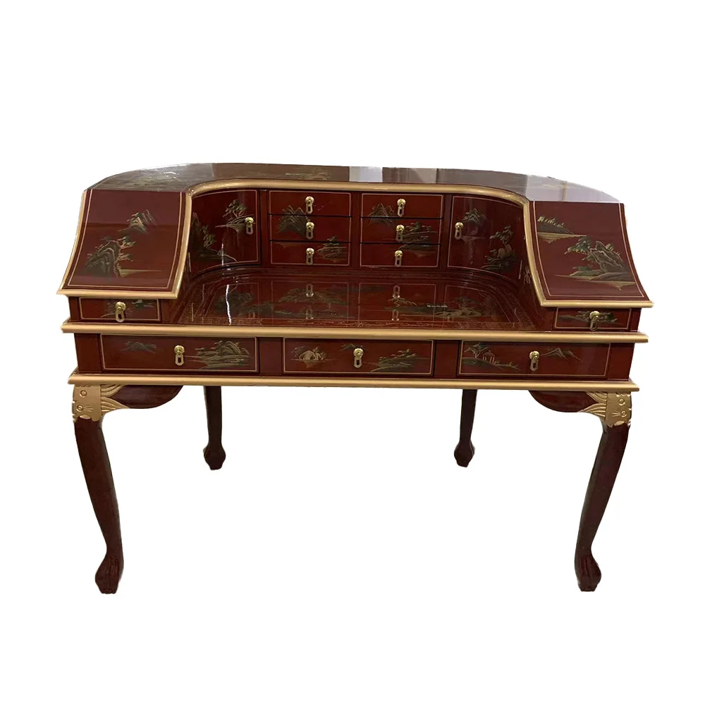 Solid Wood Makeup Table Vanities Set Multiple Drawers Gold Silver Foil Painted Flower Bird Design Includes Bedroom Apartment