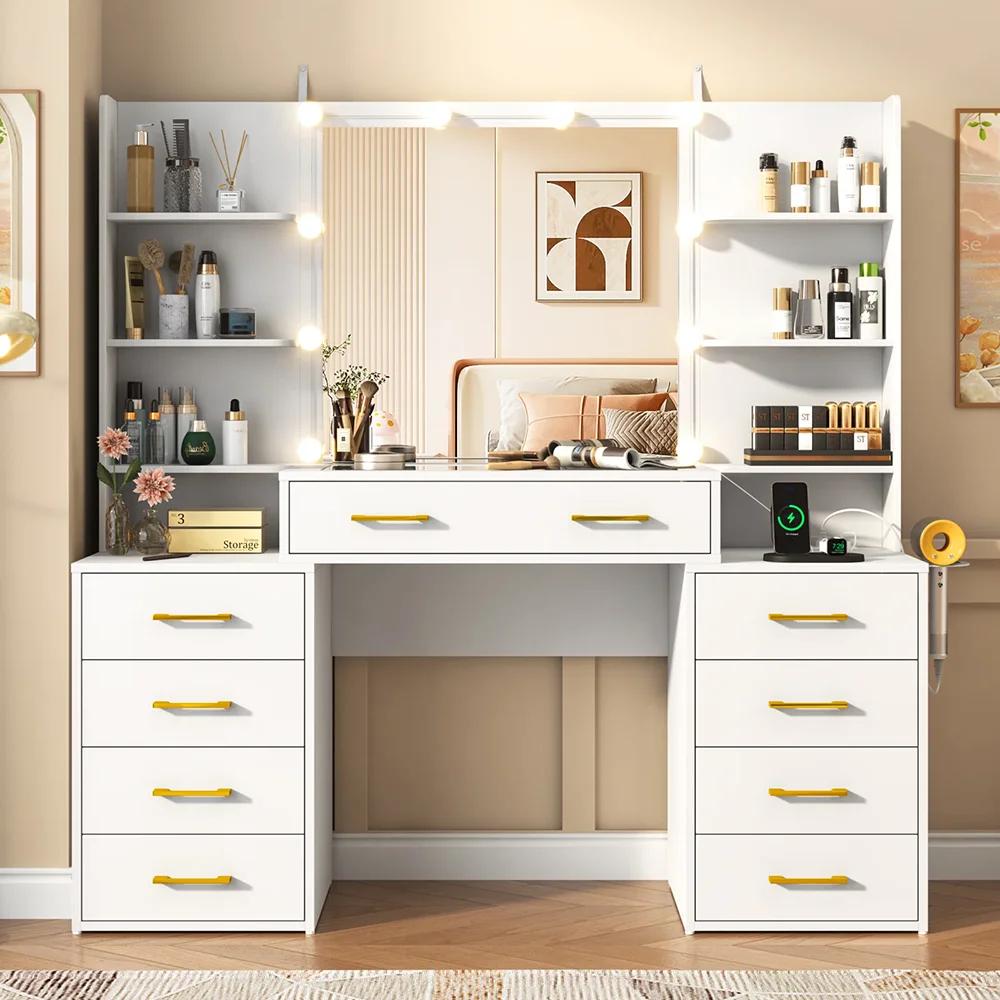 Escritorio de tocador moderno con luces LED y estación de carga, con superficie de vidrio y madera, mesa de maquillaje para dormitorio