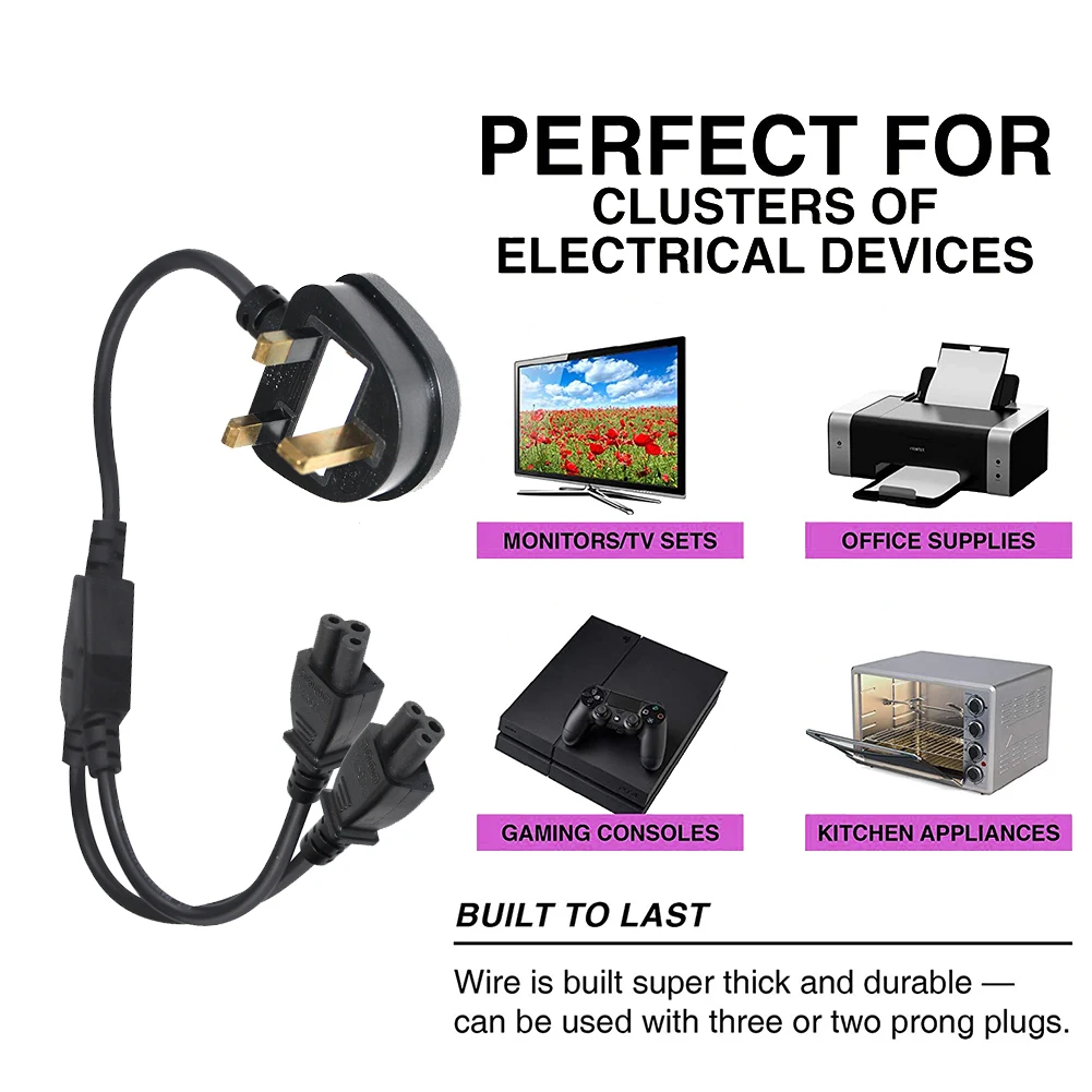 UPS PDU Server Y Splitter Power Cord Fused UK 3pin to 2 X IEC C5 Socket 10A 250V Extension Cable 1m