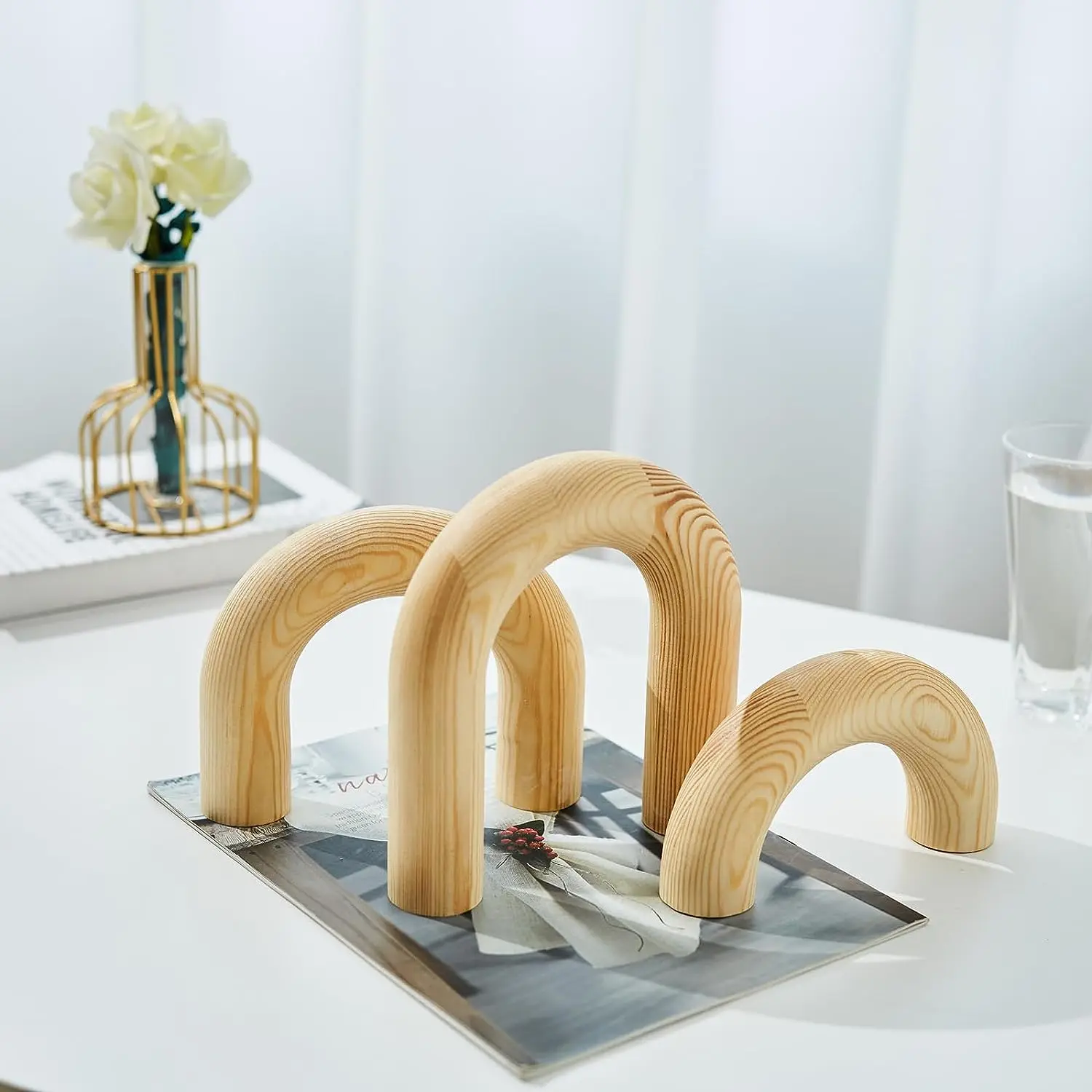 Set of 3 Modern Coffee Table Accents Wood Arch Decorative Objects Round Bookshelf for Home or Office Gift Made of Pine Wood